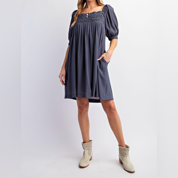 🔥🔥New Boutique Pleated Babydoll Poly Crepe Dress Faded Navy - Picture 3 of 5